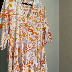 Floral Print V-Neck Dress - Orange and Pink